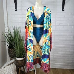Soft Surrondings Colorful Tropical Floral Long Line Open Front Kimono S/M